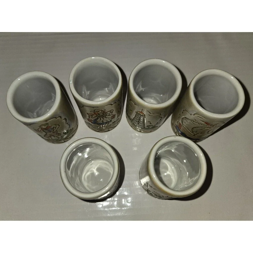 Vintage Dutch Holland Ceramic Shot Glasses Set of 6 Windmill Sailboat Folk Art